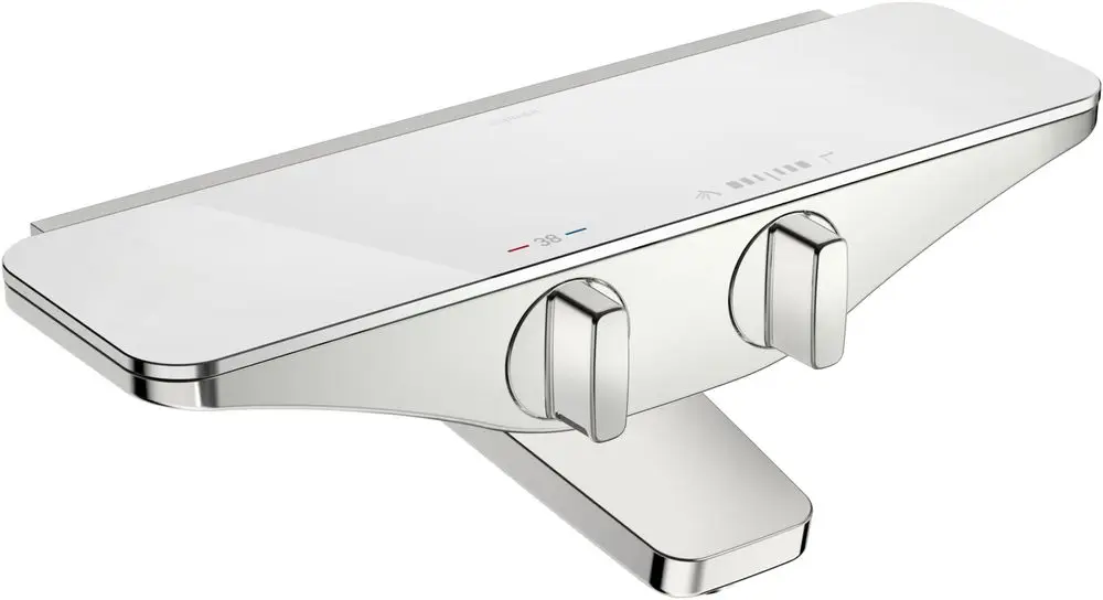 Wasser- und Brausebatterie in chromfarbener Oberfläche mit weißen Elementen, ausgestattet mit zwei Reglern, entworfen von HANSA. Designed für Wandmontage.